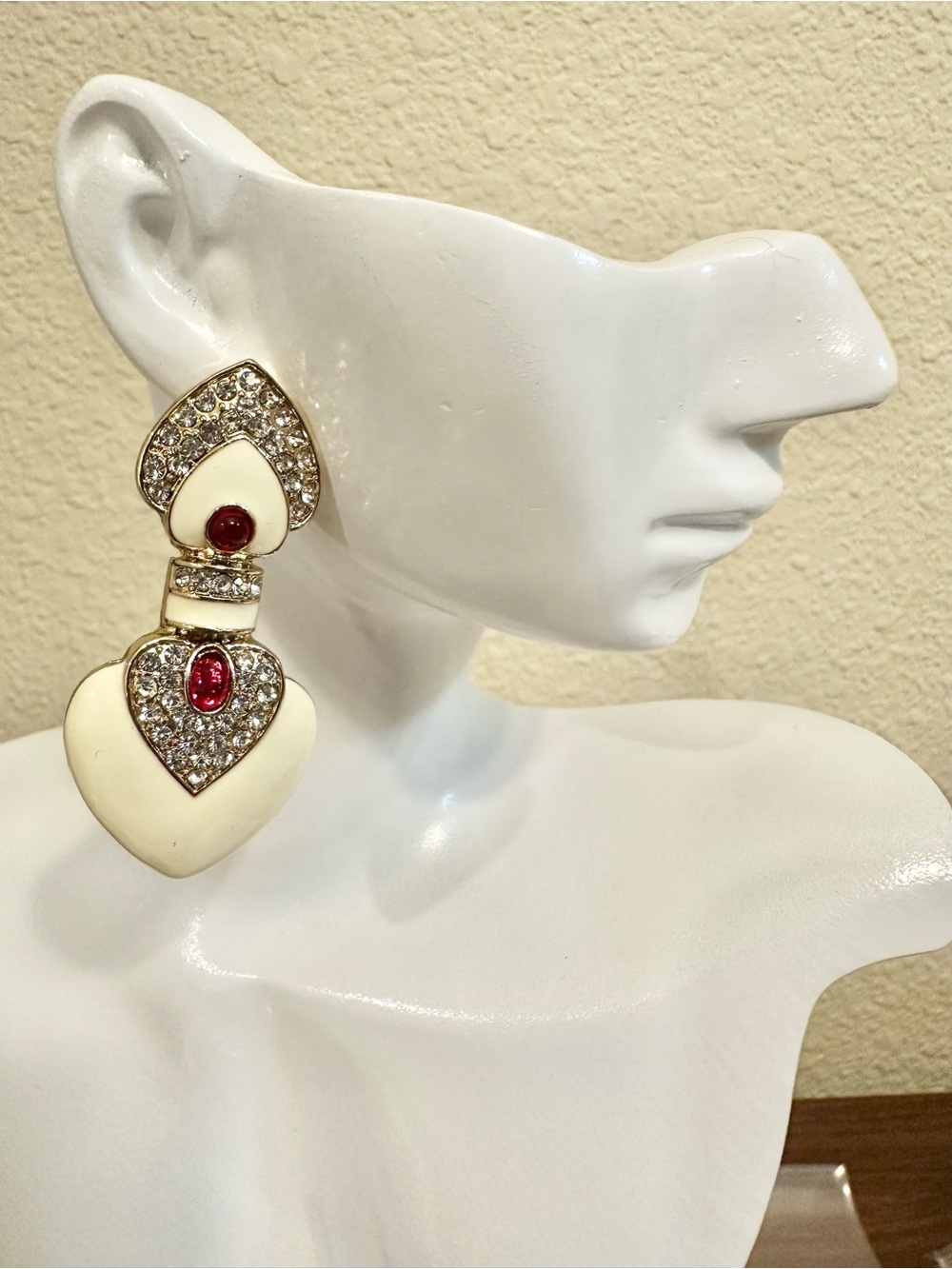 Gold-Plated Baroque Style  Cream Enamel and Red Crystal Drop Earrings
